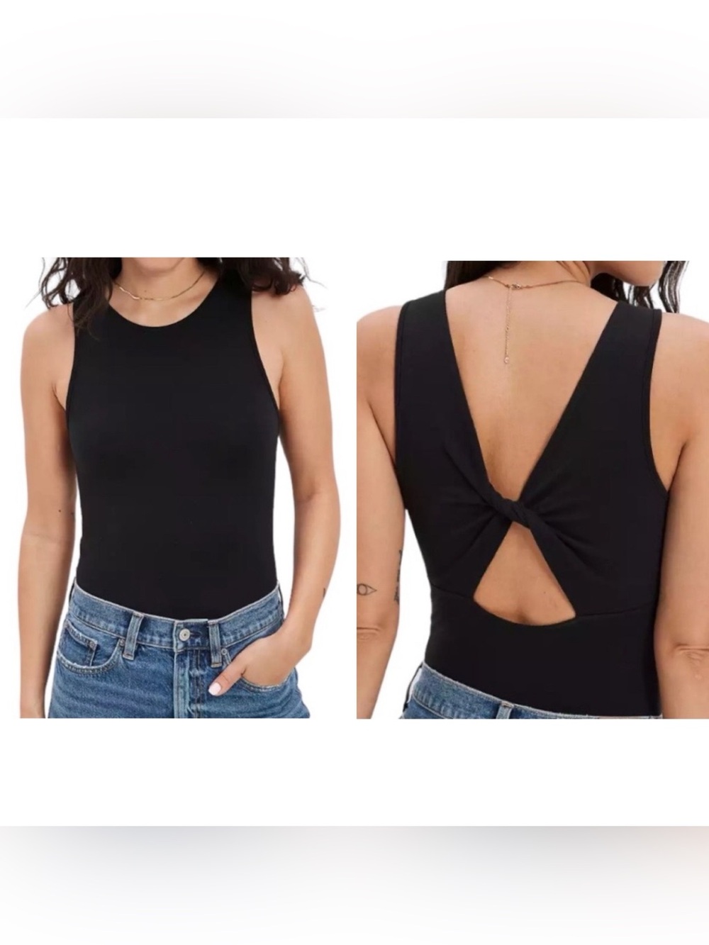 AE American Eagle Womens Twist Back Bodysuit Size L Sleeveless Solid Black NWT